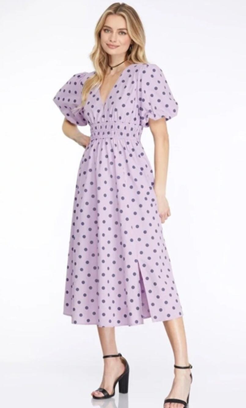 She+Sky Lavender Polka Dot Puff Sleeve Midi Dress large